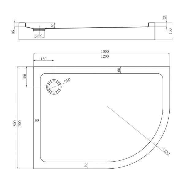 Душевой поддон Veconi Tezeo acrylic TZ-55L, 1000x800x150, акрил, белый