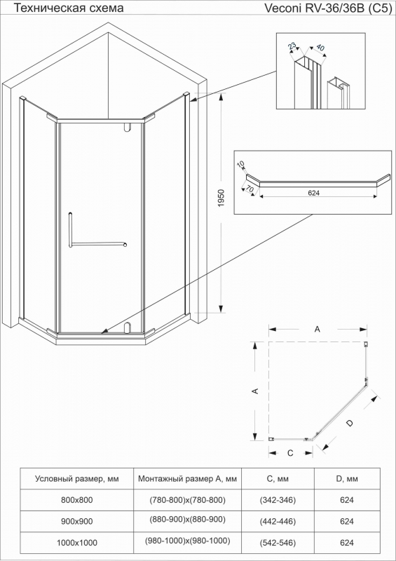 Душевой угол Veconi Rovigo RV-36GR, 900x900x1950, брашированный графит, стекло прозрачное