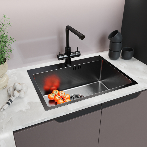 Мойка настол.монтаж 60х45 (3,0) вып 3 1/2  MIXLINE PRO 22см с сифоном (черный графит НАНО)